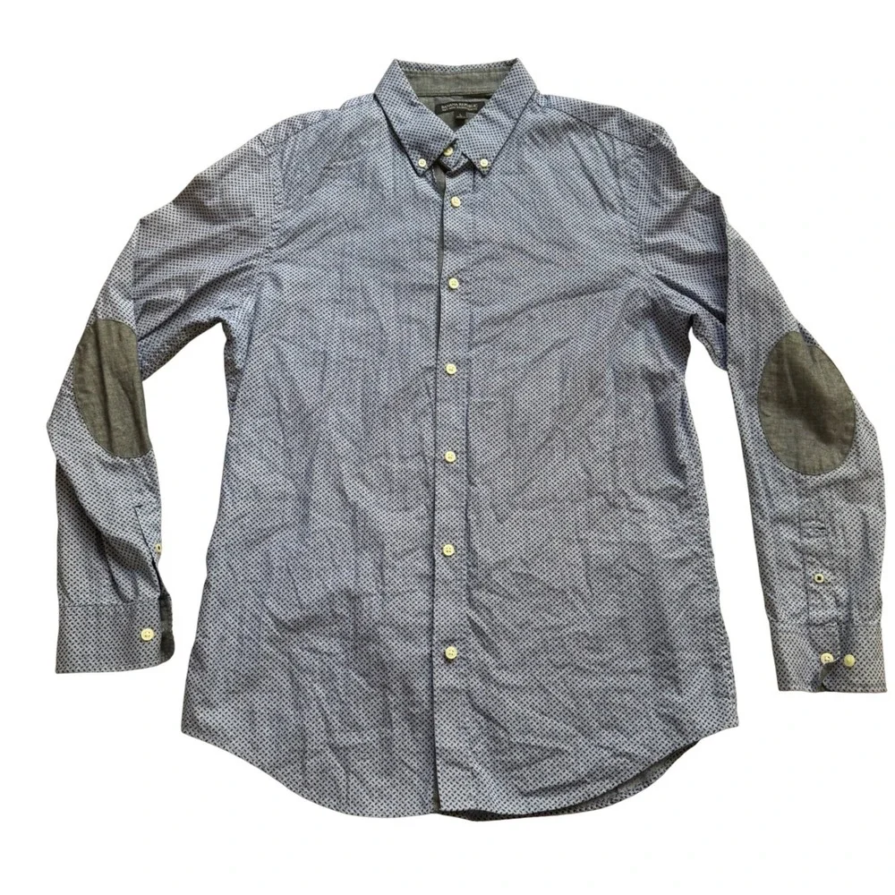 Banana Republic Mens Blue‎ Geometric Print Tailored Slim Fit Elbow Patch Shirt L